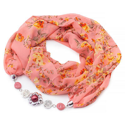 Jewelry scarf Extravagant - peach pink with floral print - 1