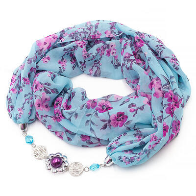 Jewelry scarf Extravagant - light blue with floral print - 1