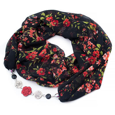Jewelry scarf Extravagant - black and red with floral print - 1