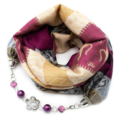 Warm scarf with necklace - brown and beige