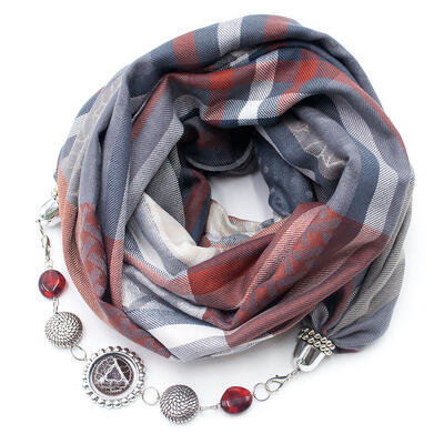 Warm scarf with necklace - brown and beige