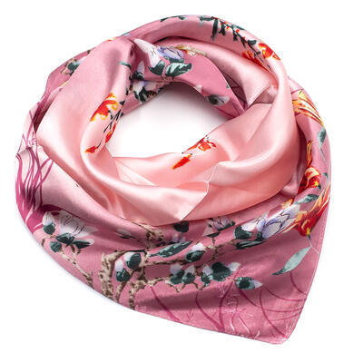 Small square scarf/neckerchief - green and fuchsia pink with floral print - 1