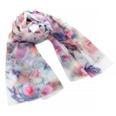Classic women's scarf - white and pink with floral print - 1