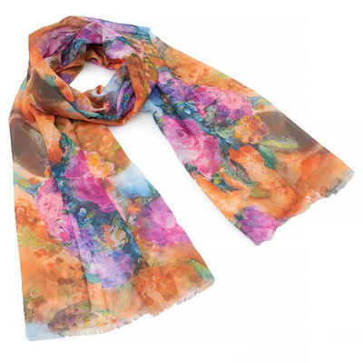 Classic women's scarf - orange with floral print - 1