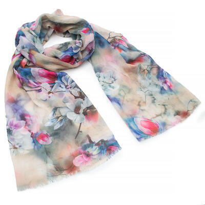 Classic women's scarf - beige and blue with floral print - 1