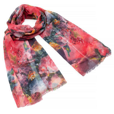 Classic women's scarf - red with floral print - 1