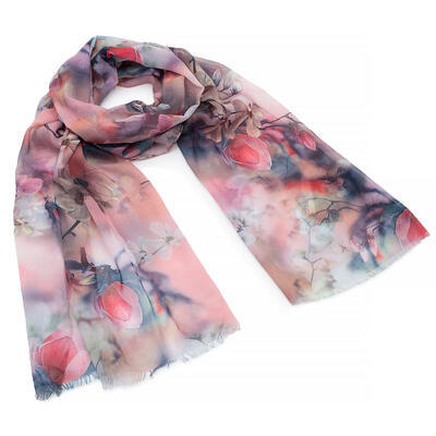 Classic women's scarf - pink with floral print - 1