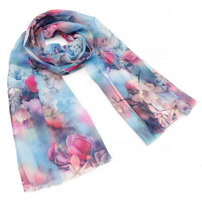 Classic women's scarf - blue and pink with floral print - 1