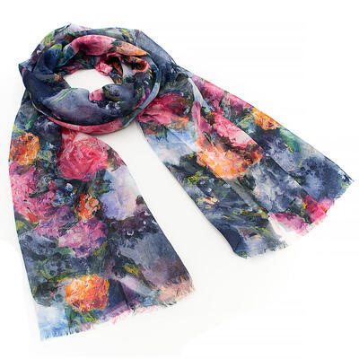 Classic women's scarf - dark blue with floral print - 1