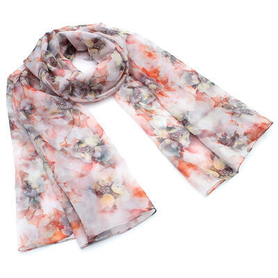 Classic women's scarf - beige and pink with floral print - 1