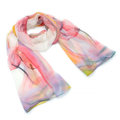 Classic women's scarf - beige and pink with floral print - 1