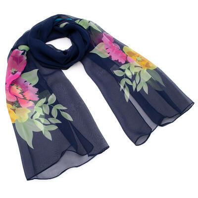 Classic women's scarf - dark blue with floral print - 1
