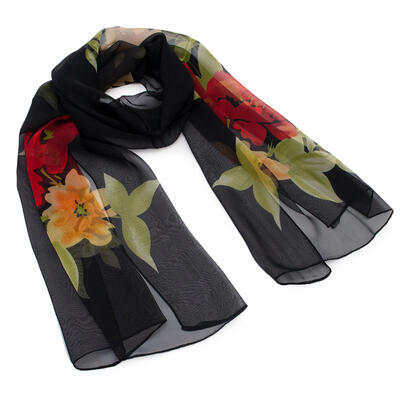 Classic women's scarf - black and red with floral print - 1