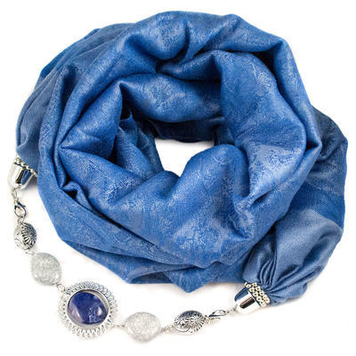 Warm scarf with necklace - white with blue print