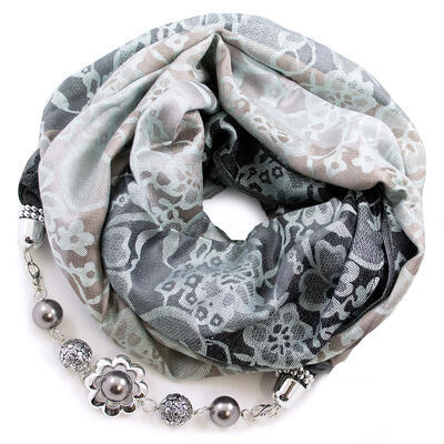 Warm scarf with necklace - grey and light blue