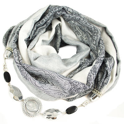 Warm scarf with necklace - white and grey