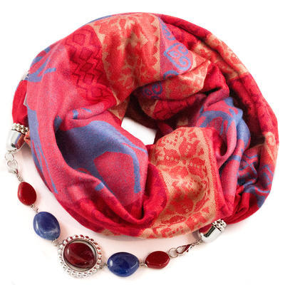 Warm scarf with necklace - red and blue