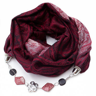 Warm scarf with necklace - dark red