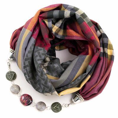 Warm scarf with necklace - dark red and grey
