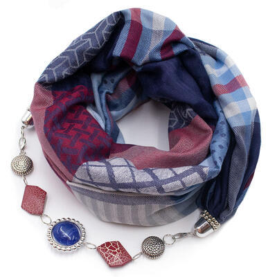 Warm scarf with necklace - blue and red