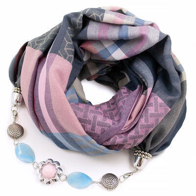 Warm scarf with necklace - blue and pink