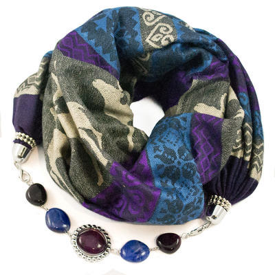 Warm scarf with necklace - blue and violet
