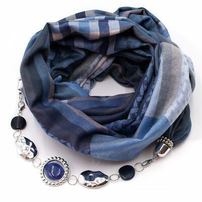 Warm scarf with necklace - blue and grey