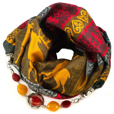 Warm scarf with necklace - red and mustard yellow