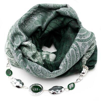 Warm scarf with necklace - dark green and white