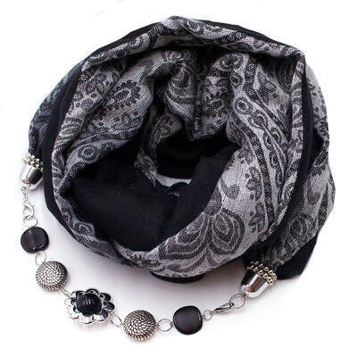 Warm scarf with necklace - black and grey