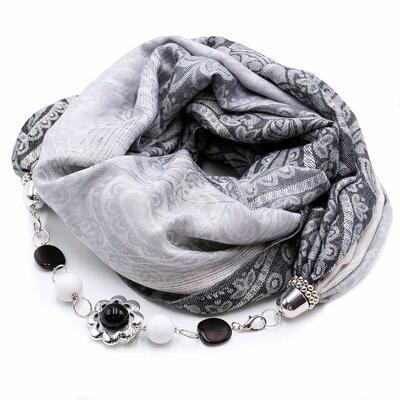 Warm scarf with necklace - black and light grey