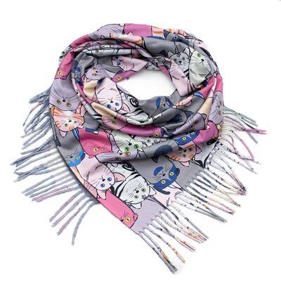 Blanket square scarf - grey with pink cats