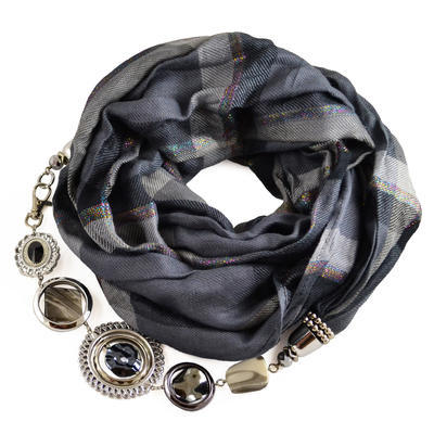 Warm scarf with necklace - white with blue print