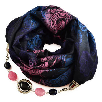 Warm scarf with necklace - white with blue print - 1