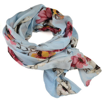 Classic women's cotton scarf - blue with flowers - 1