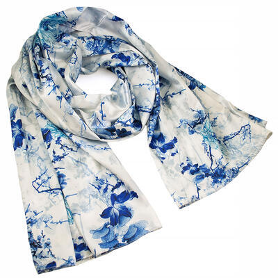 Classic women's scarf - white and blue with floral print - 1