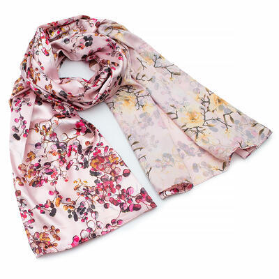 Classic women's scarf - pink and beige with floral print - 1