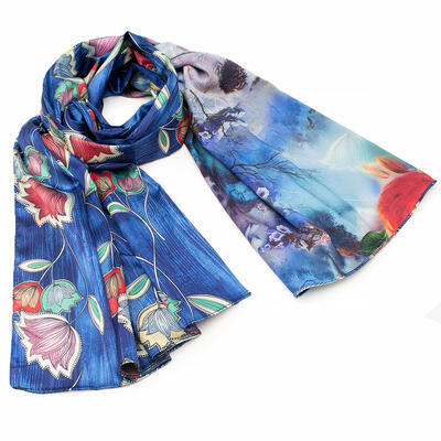 Classic women's scarf - blue with floral print - 1