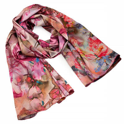 Classic women's scarf - pink with floral print - 1