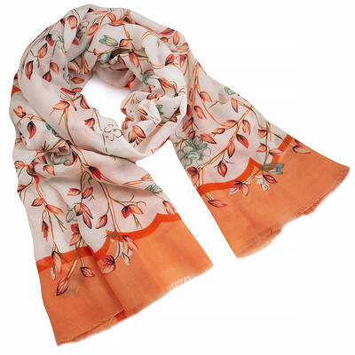 Classic women's scarf - orange and white with flowers - 1