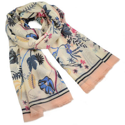 Classic women's scarf - pink with flowers - 1