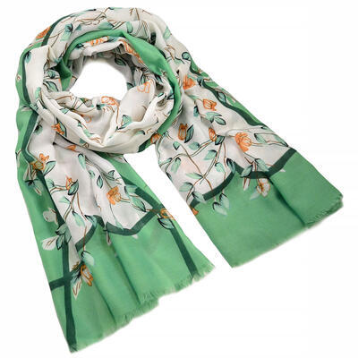 Classic women's scarf - green and white with flowers - 1