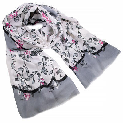 Classic women's scarf - grey and white with flowers - 1