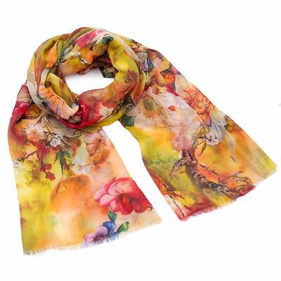 Classic women's scarf - yellow and orange with flowers - 1