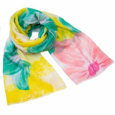 Classic women's scarf - yellow and green with flowers - 1