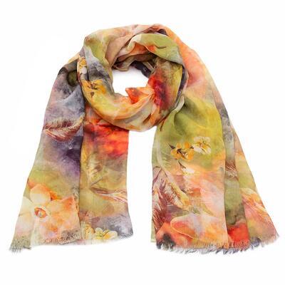 Classic women's scarf - yellow and green with print - 1