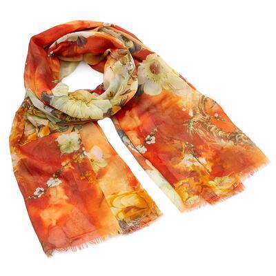 Classic women's scarf - red and orange with flowers - 1