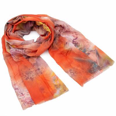 Classic women's scarf - orange with flowers - 1