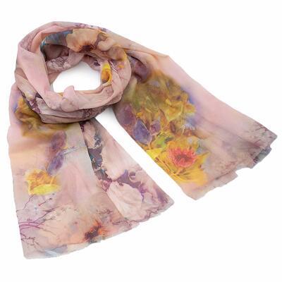Classic women's scarf - beige with flowers - 1