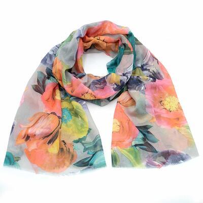Classic women's scarf - light brown with orange flowers